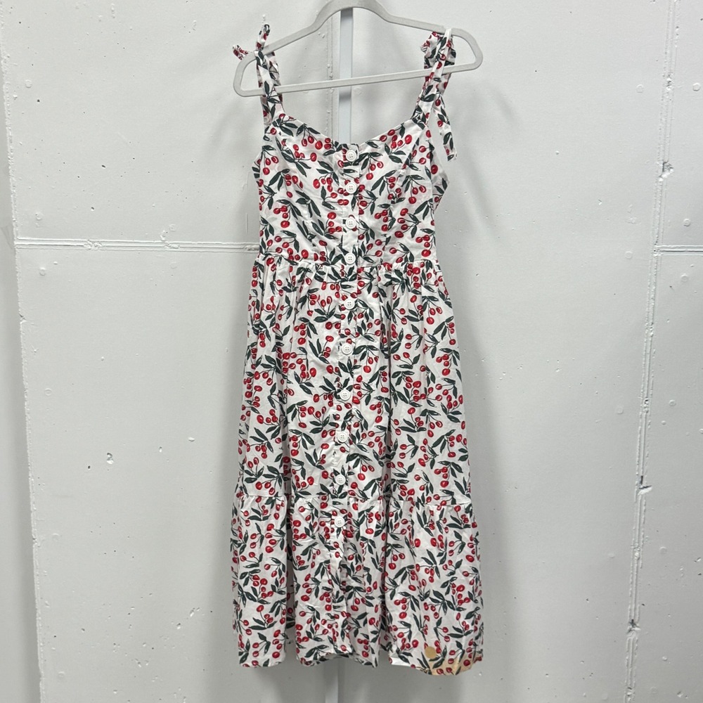 Code Mode Cherry Print Cotton‎ Midi Dress White Red Small Summer Picnic